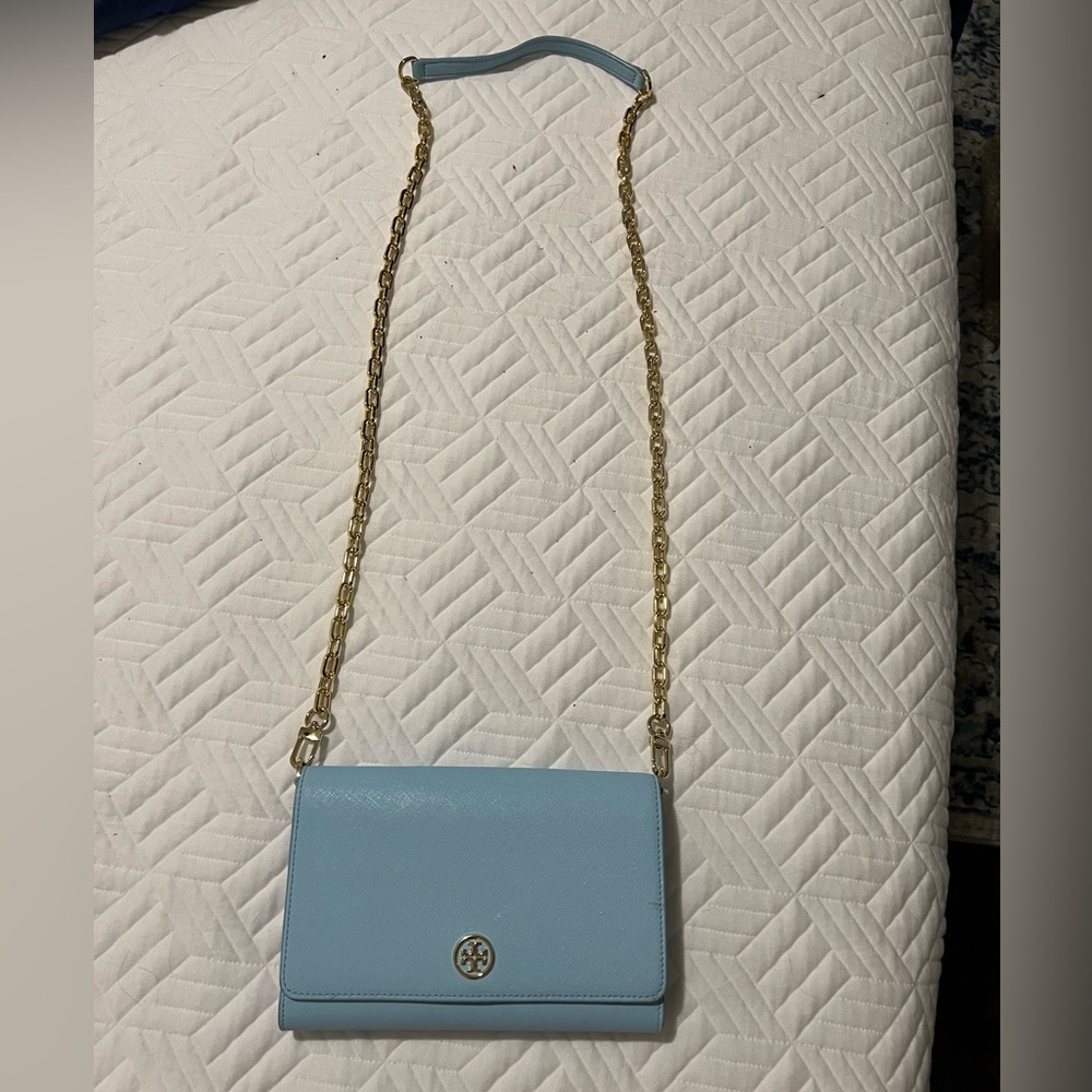 Tory Burch Sky Blue Crossbody with Gold Chain
